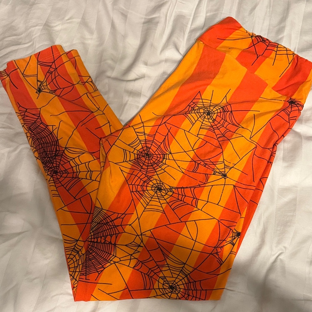 GUC TC LuLaRoe Halloween Orange Striped Spider Web Leggings Tall Curvy